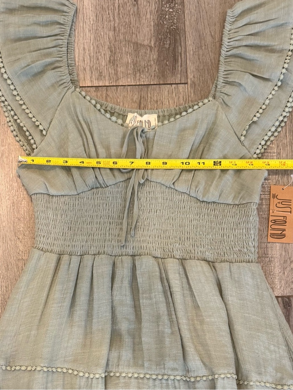 Smocked Sage Midi Dress with Pom-Pom Trim - Picture 3 of 5